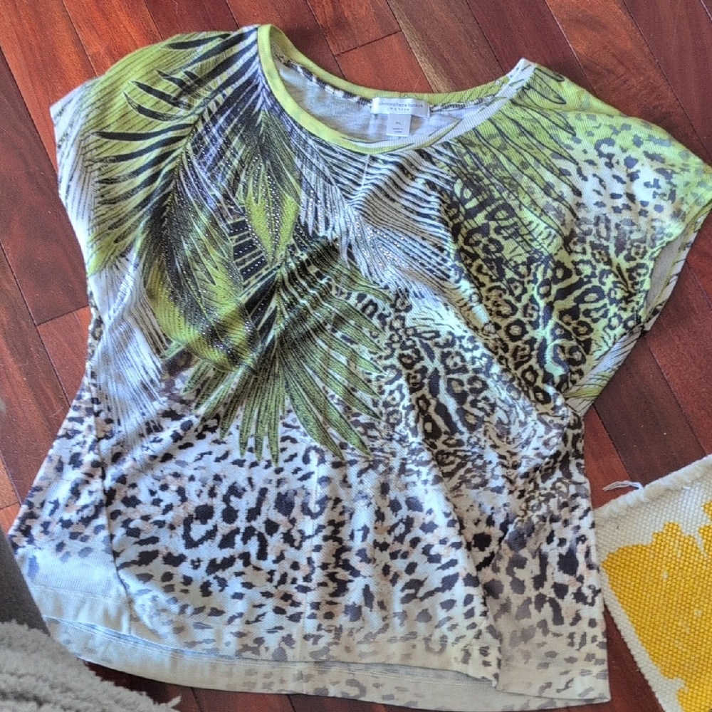 Christopher & Banks Green and Brown Animal Print Short Sleeve Top
